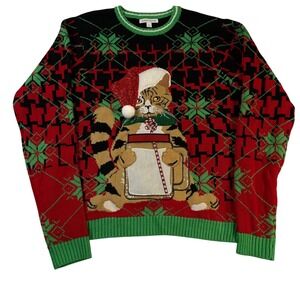 Celebrate Together Men's XL Ugly Christmas Sweater Cat Drinking Pocket 3D NWT